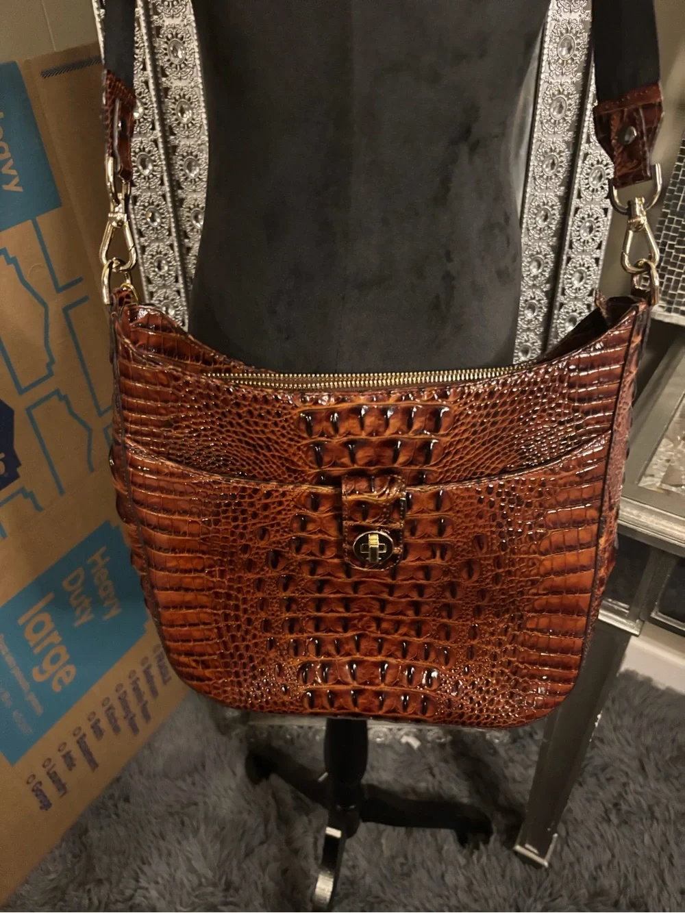 💕Brahmin Croc-Embossed Brown‎ Leather Crossbody Bag
